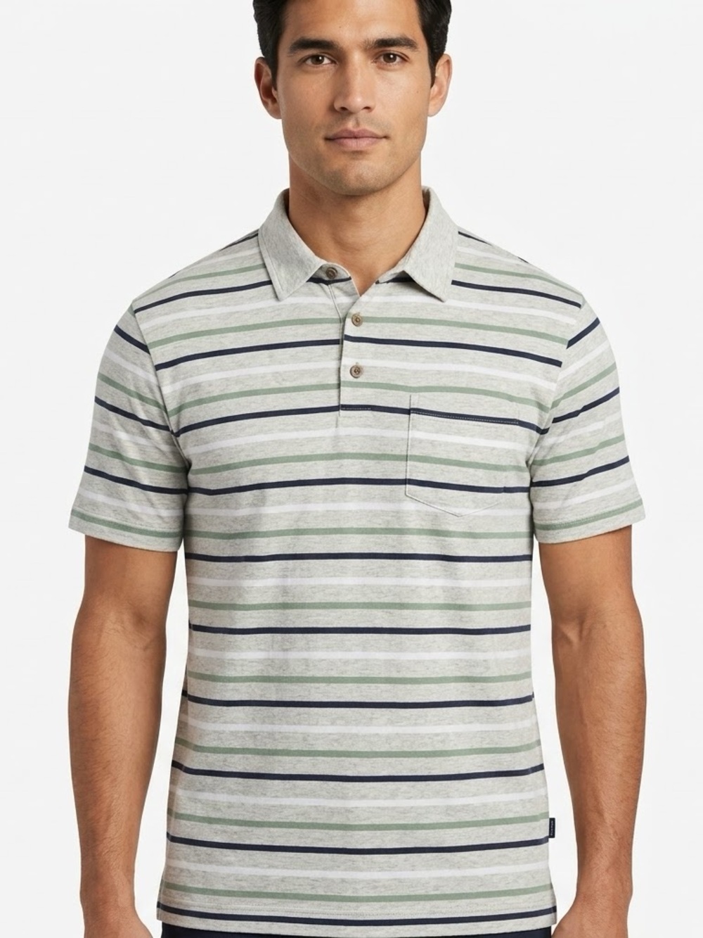 Patagonia Men's Medium Gray Green Navy Striped Pocket Polo Shirt Size M Casual